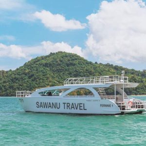 Big boat taking tourists to James Bond Island Phang Nga Bay Thailand - our comfy Sawanu Power Catamaran