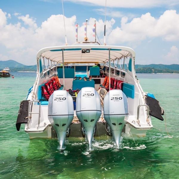 our Cheap Phi Phi Island Tour Ride Modern Speedboat with Triple 250 HP Engines for Fast, Comfortable Island Hopping